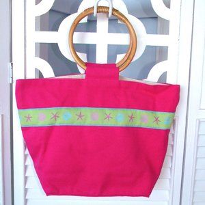 Pink Canvas Tote with Wooden Handles, Coastal Beach Theme, Excellent Condition!